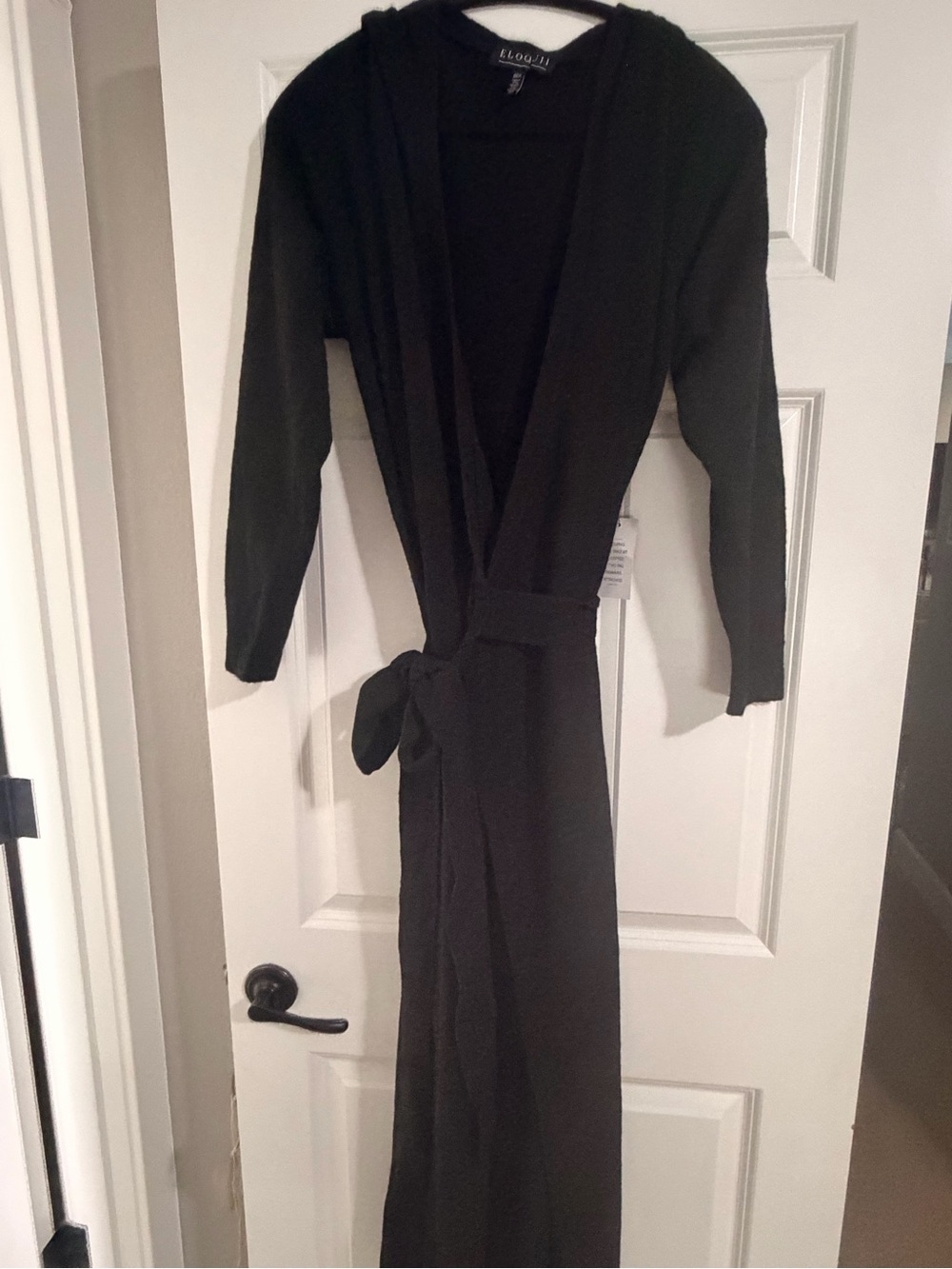 Eloquii Black Hooded Long Knit Robe with Tie Waist